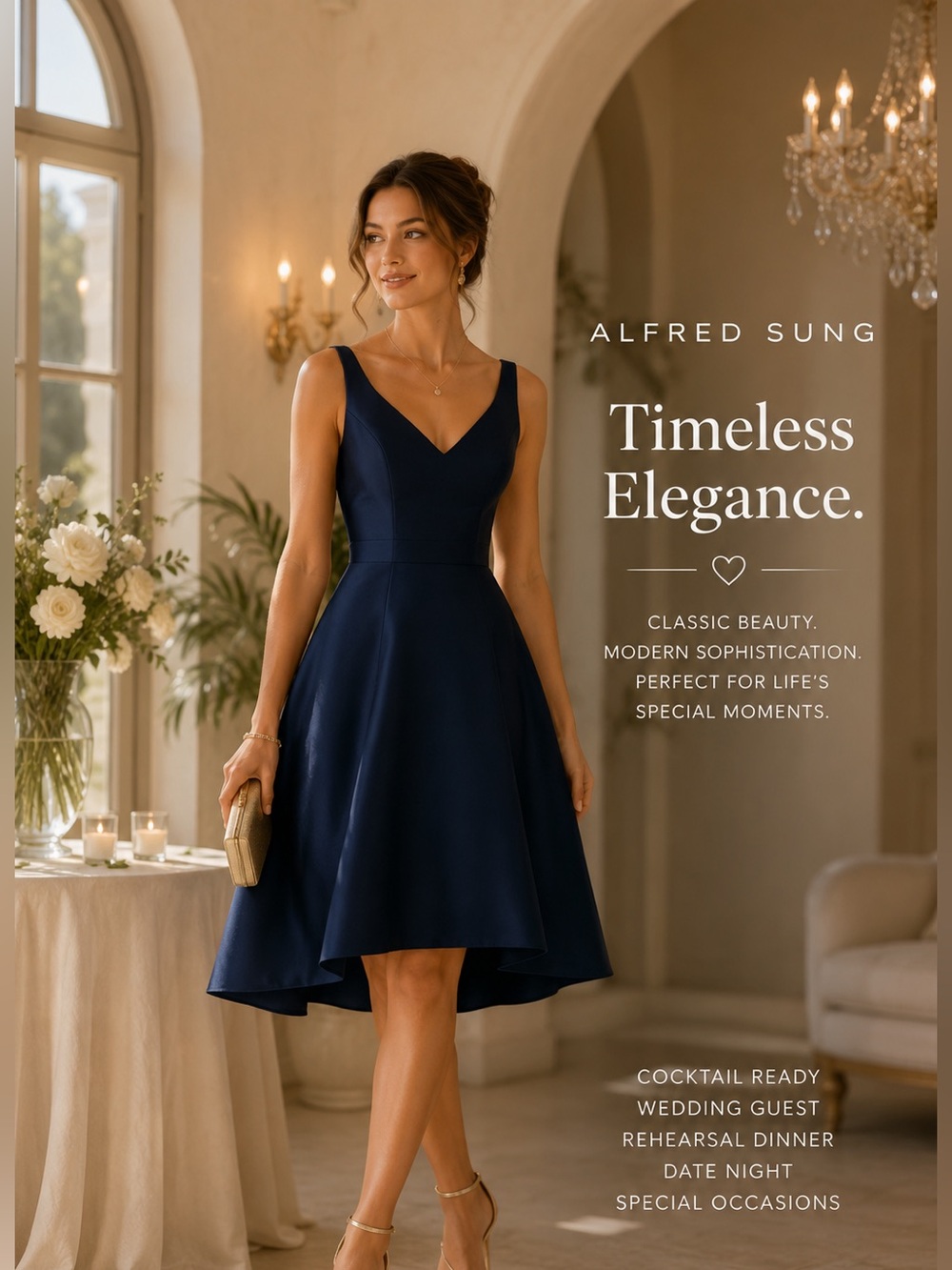Alfred Sung Navy Cocktail Dress | Timeless Elegance | Wedding Guest SZ 8 NWT